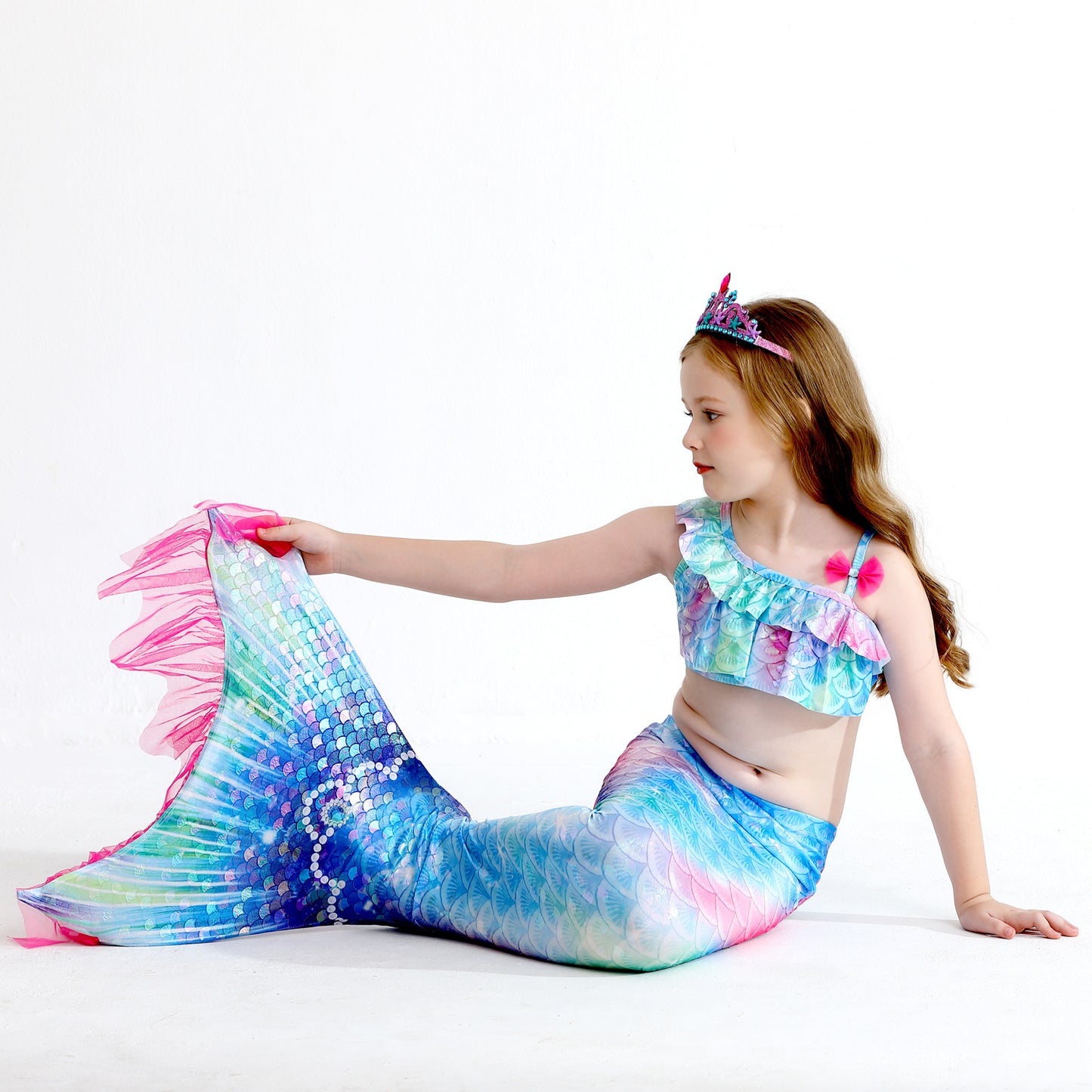 Girls' Mermaid Swimsuit Three-Piece Set Mermaid Tail Cross-Border Popular Bikini Swimsuit Beach Swimwear Shiny
