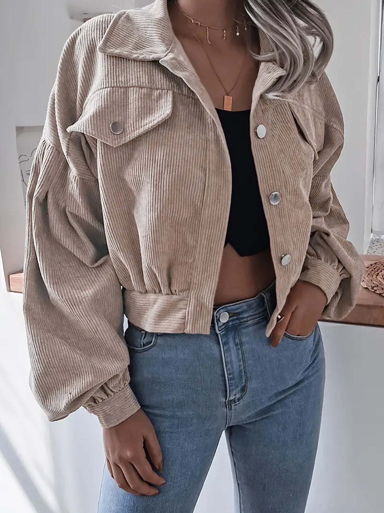 Ins Style Autumn and Winter European and American Lantern Long-Sleeved Corduroy Casual Short Outwear Jacket Amazon Hot Cross-Border Women's Clothing