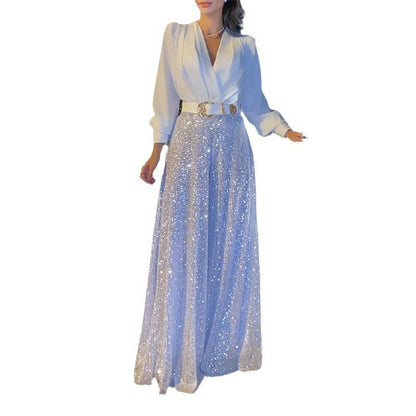 2025 Dress Women's Spring & Fall High-End V Neck Long-Sleeved Shirt Elegant Waist Sequin French Wide-Leg Pants