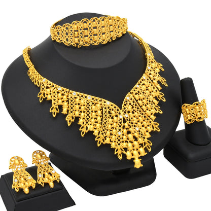 Cross-border hot selling four-piece Indian Dubai gold jewelry necklace bracelet ring earrings bridal wedding big jewelry
