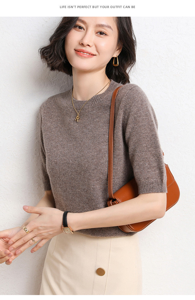 2025 Spring and Summer New Style Knitted Short-Sleeved Women's Round Neck Bottoming Knitted Pullover Half-Sleeved Sweater Loose Bottoming Sweater