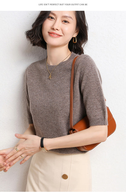 2025 Spring and Summer New Style Knitted Short-Sleeved Women's Round Neck Bottoming Knitted Pullover Half-Sleeved Sweater Loose Bottoming Sweater