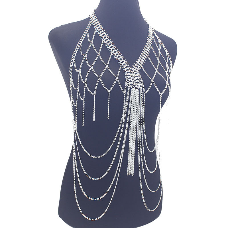 European and American Cross-Border Jewelry Women's Metal Mesh Cut Out Tassel Multi-Layer Chest Chain Nightclub Performance Fashion Clothing Accessories