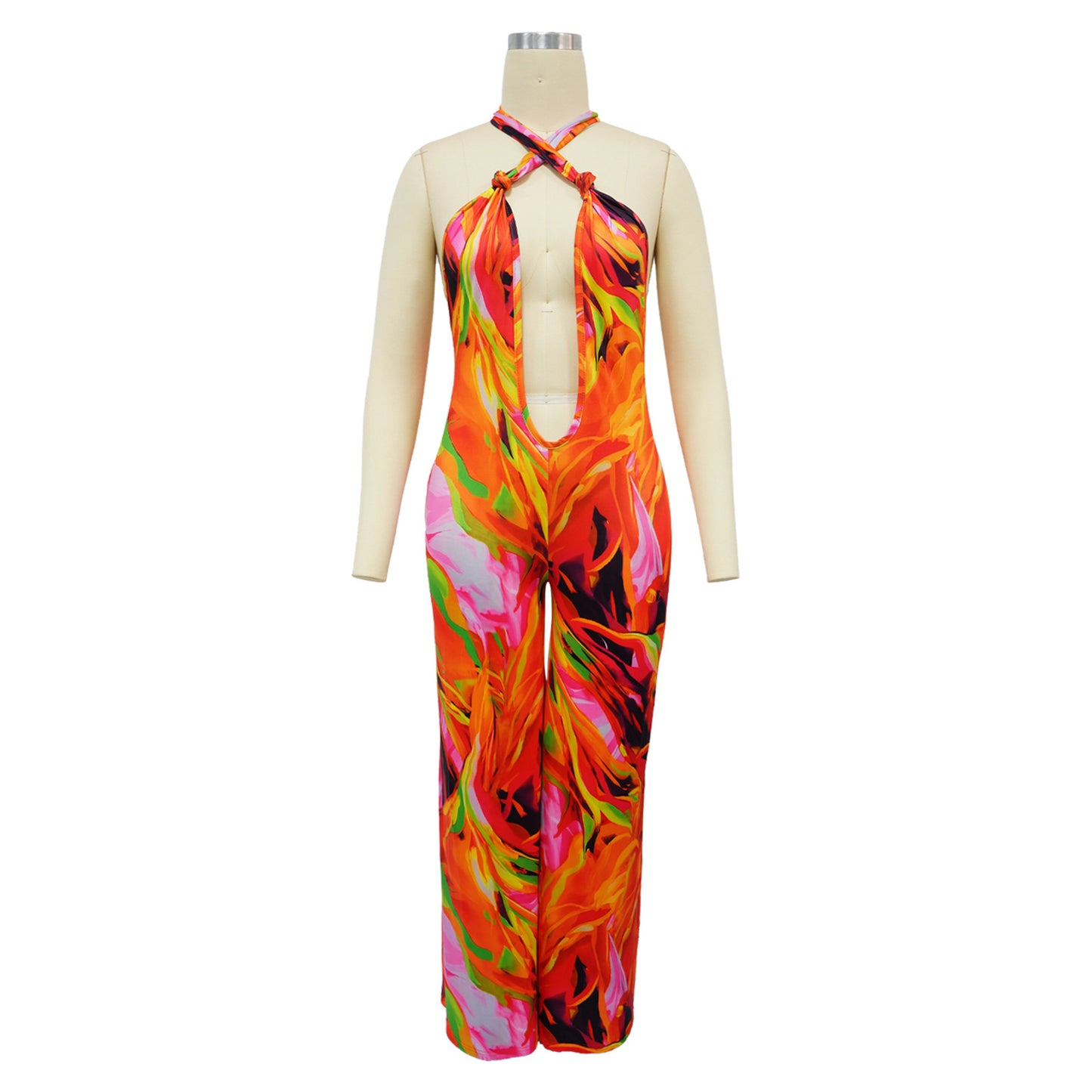 CM.YAYA Women Wide Leg V-neck Halter Sleeveless Print Jumpsuits 2024 Summer Night Club Street Playsuit One Piece Suit Rompers