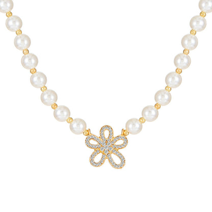 Five Petal Flower Pearl Clavicle Necklace Advanced New Pearl Necklace Three-Piece Set Fashionable Bracelet Earrings Jewelry suit