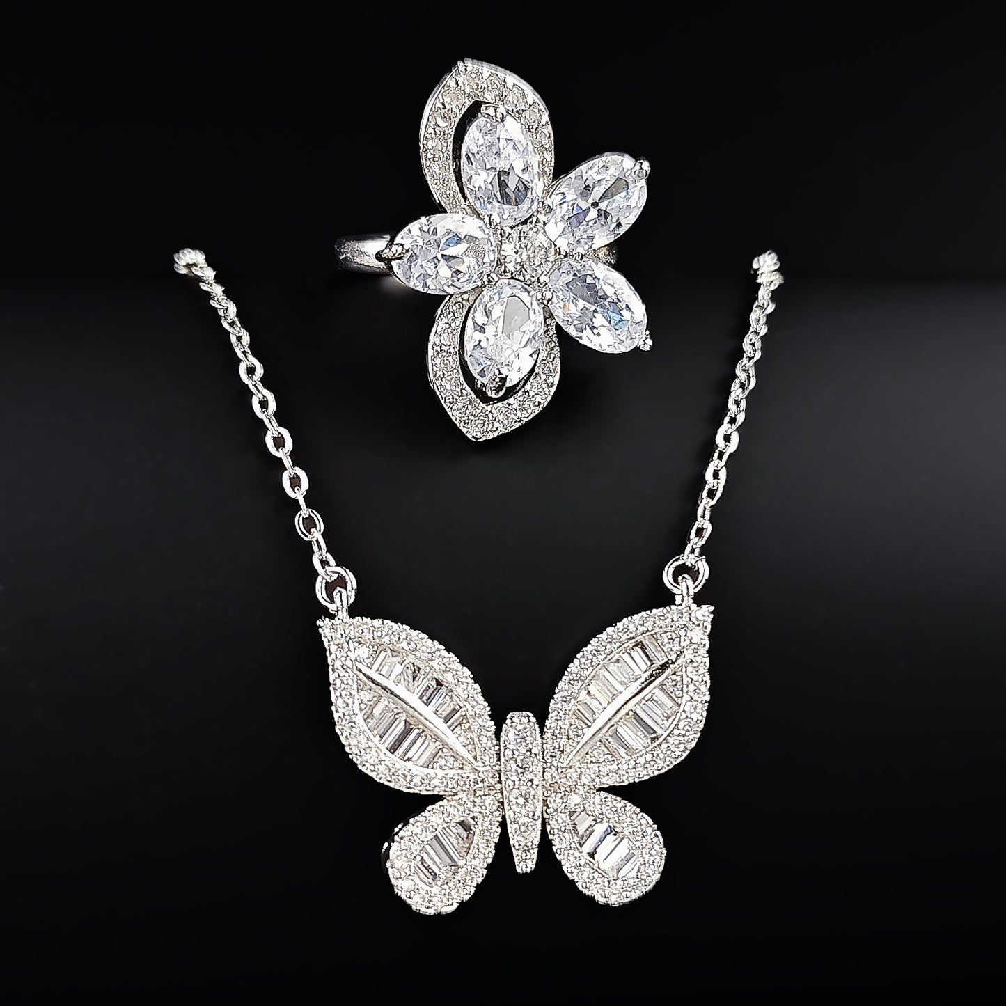 Chinese Valentine's Day Jewelry Set Two-Piece Set Female Butterfly Element Ring Necklace Niche R4204-X5659