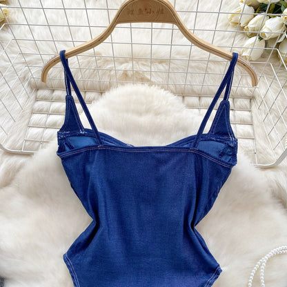 CHILLGIO Women Denim Overalls Fashion Slim Bodysuits One Piece Combination Onesie Zipper Strappy Rompers Summer Sexy Catsuits