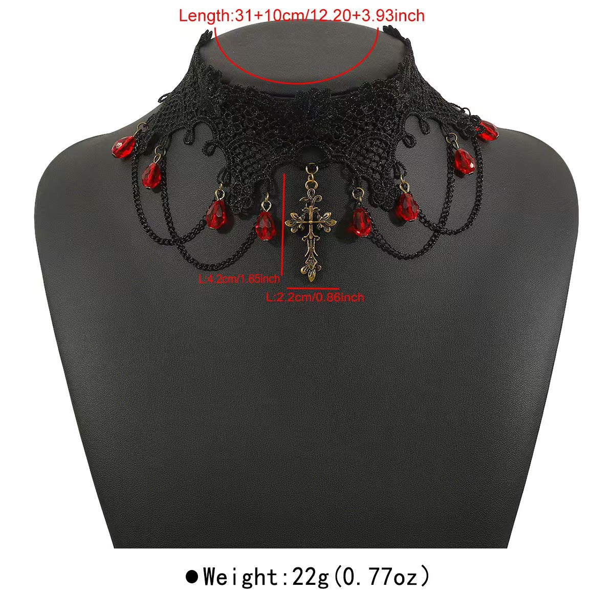 European and American Cross-Border Jewelry Gothic Style Halloween Cross Gemstone Necklace Niche Lace Tassel Necklace Accessories