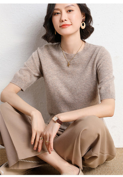 2025 Spring and Summer New Style Knitted Short-Sleeved Women's Round Neck Bottoming Knitted Pullover Half-Sleeved Sweater Loose Bottoming Sweater