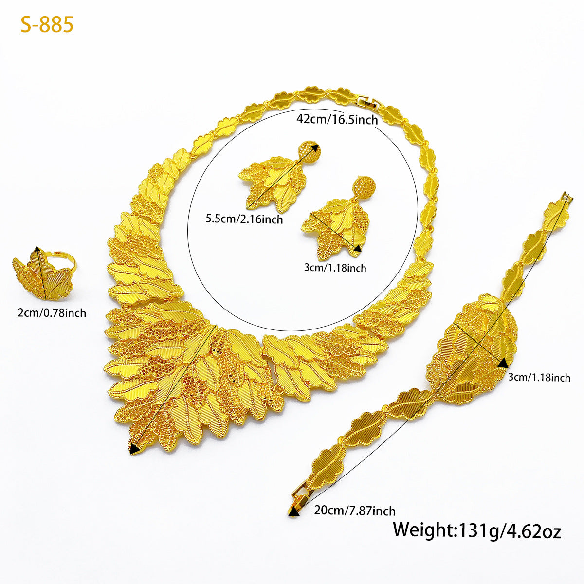 24K Gold Dubai Explosions Bride Four-piece Flower Rhinestone Jewelry Alloy Necklace Bracelet Earrings Ring