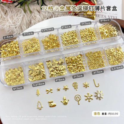 Christmas Rivet Nail Art Jewelry Long Box Special-Shaped Snowflake Alloy Flats Bottom Diamond Metal Nail Jewelry Stickers 12 Grids