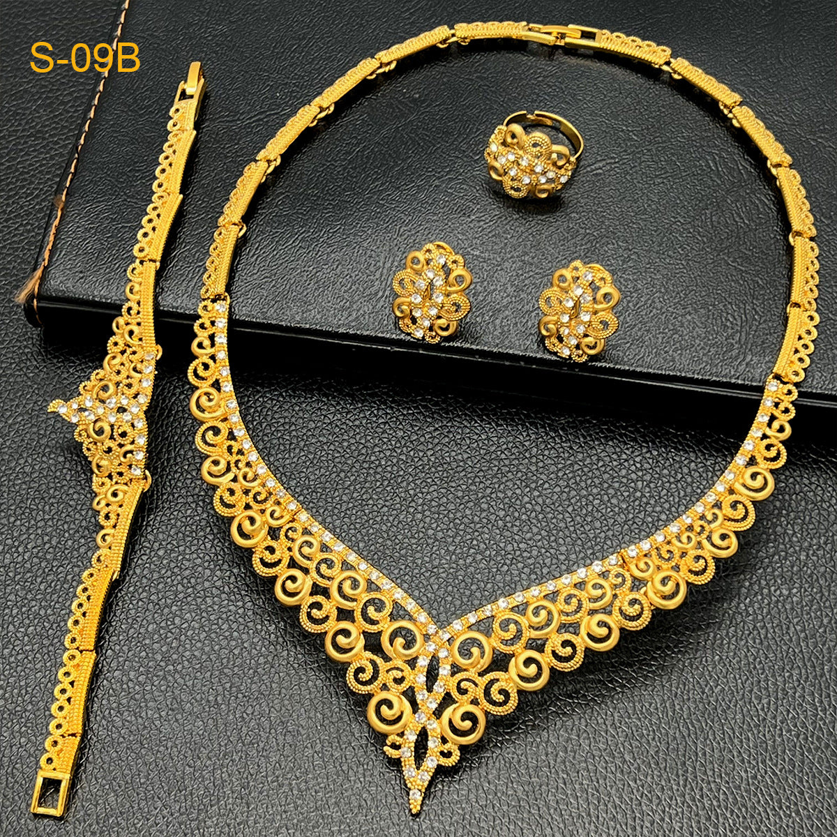 24K Gold Dubai Explosions Bride Four-piece Flower Rhinestone Jewelry Alloy Necklace Bracelet Earrings Ring