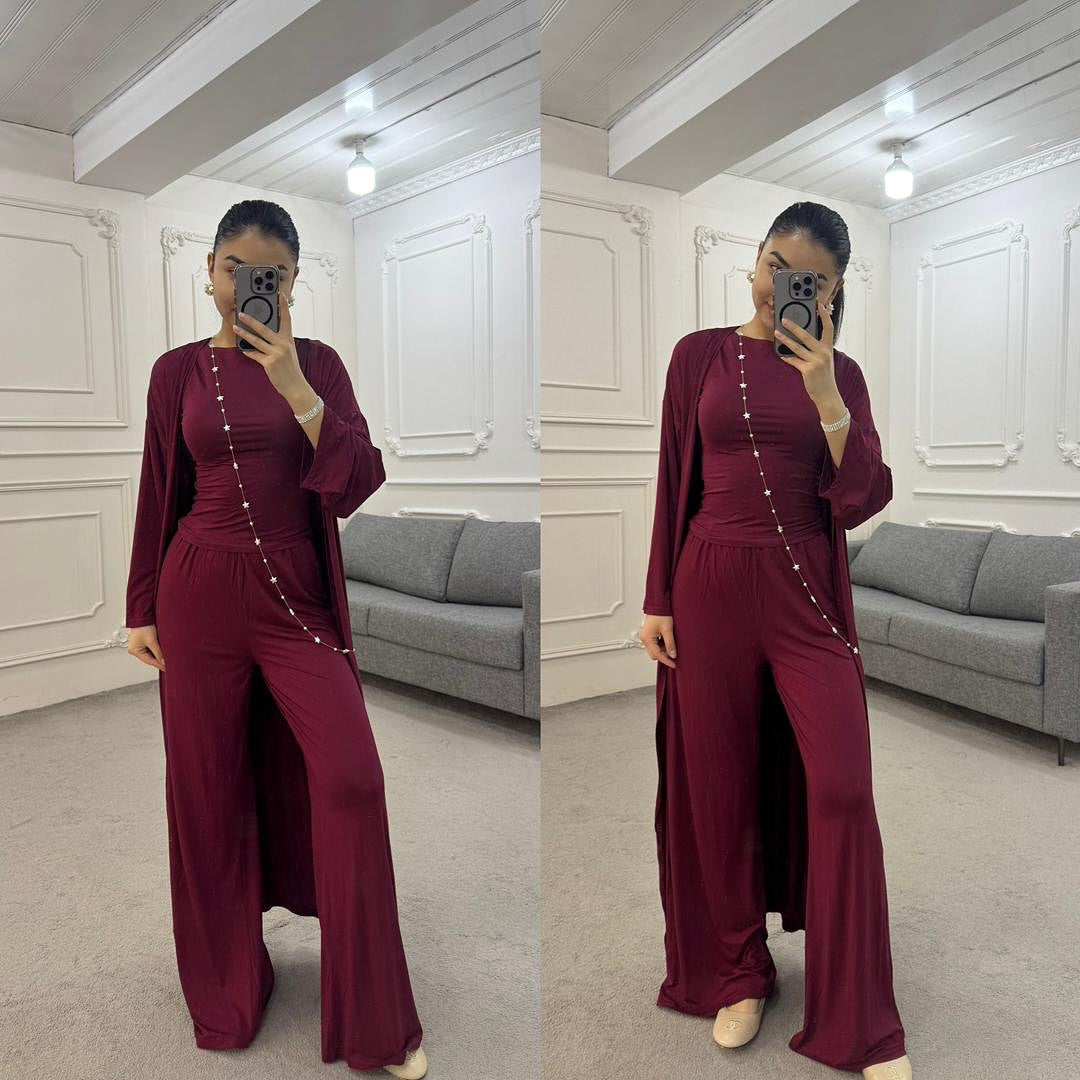 Women Cardigan Vest Wide Leg Pants 3 Piece Sets Top Long Coat Trousers Suit Office Lady Ensemble Spring Summer 2026 Outfits