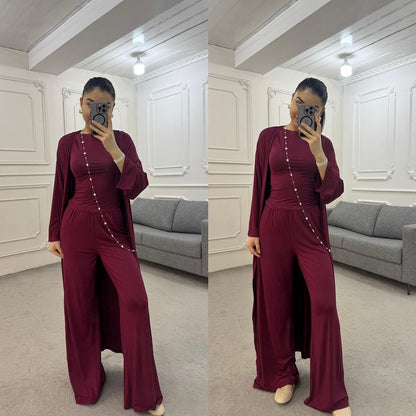 Women Cardigan Vest Wide Leg Pants 3 Piece Sets Top Long Coat Trousers Suit Office Lady Ensemble Spring Summer 2026 Outfits