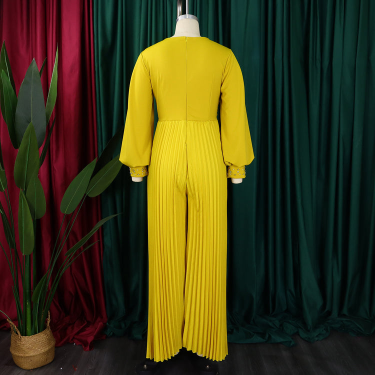 CM.YAYA Women Diamonds Long Sleeve Pleated V-neck Wide Leg Long Jumpsuits Party Beach Fashion Street Sexy Africa Outfit Rompers