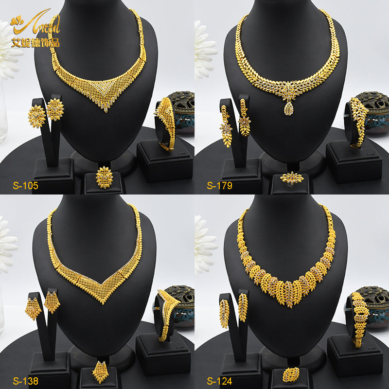 2025 Summer Dubai 24K Gold Bridal Jewelry Set Necklace Earrings Bracelet Ring Middle East Africa Jewelry