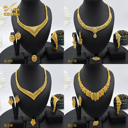 2025 Summer Dubai 24K Gold Bridal Jewelry Set Necklace Earrings Bracelet Ring Middle East Africa Jewelry