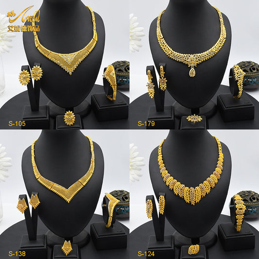 2025 Summer Dubai 24K Gold Bridal Jewelry Set Necklace Earrings Bracelet Ring Middle East Africa Jewelry