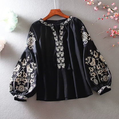 European Station Fashion Ethnic Style Lantern Sleeve Cotton Linen Long Sleeve Heavy Industry Embroidered Loose Casual Shirt Women's Autumn Top