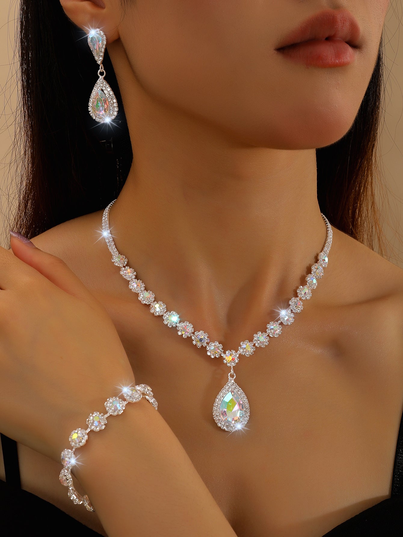 Cross-border Jewelry Explosions Necklace Earrings Bracelet Three-piece Set Full Diamond Flower Bride Jewelry suit Dress Accessories Women