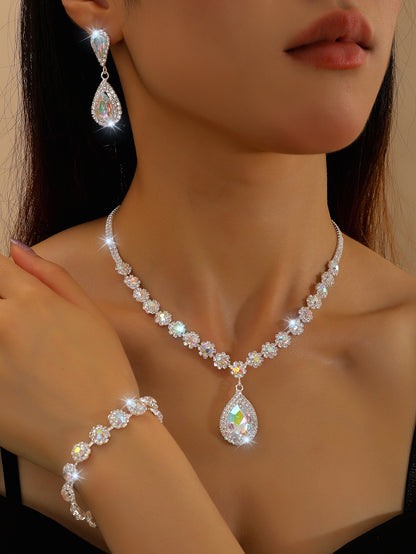 Cross-border Jewelry Explosions Necklace Earrings Bracelet Three-piece Set Full Diamond Flower Bride Jewelry suit Dress Accessories Women