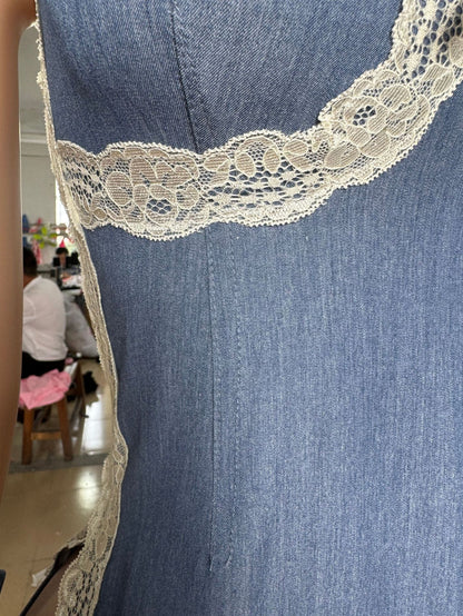 CM.YAYA Women Sleeveless Lace Side Patchwork Fake Jeans Strap Bodycon Midi Mini Dress 2025 Birthday Summer Party Dresses Vestido