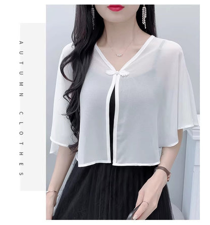 Thin Small Shawl Summer Dress with Sling Skirt Air-conditioning Shirt Women's Cardigan Outer Chiffon Ethnic Style Silver Buckle Small Coat