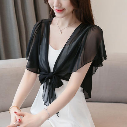 Sunscreen Cardigan Women's Spring and Summer Shawl Outer Blouse Thin Jacket with Sling Skirt Chiffon Small Waistcoat