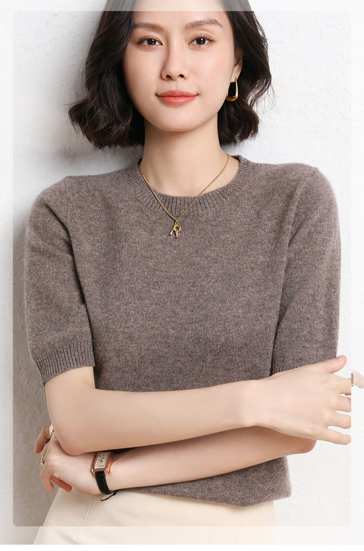 2025 Spring and Summer New Style Knitted Short-Sleeved Women's Round Neck Bottoming Knitted Pullover Half-Sleeved Sweater Loose Bottoming Sweater