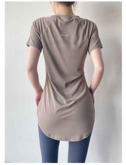 Yoga Clothing Short-sleeved Summer New Mid-length Hip Covering Slimming Quick-drying Top Breathable Fitness Sports T-shirt Women's Thin