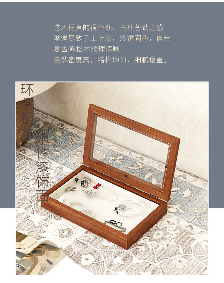 Solid Wood Flannel Jewelry Box Storage Box Ring Necklace Earrings Earrings Desktop Display Box Vintage