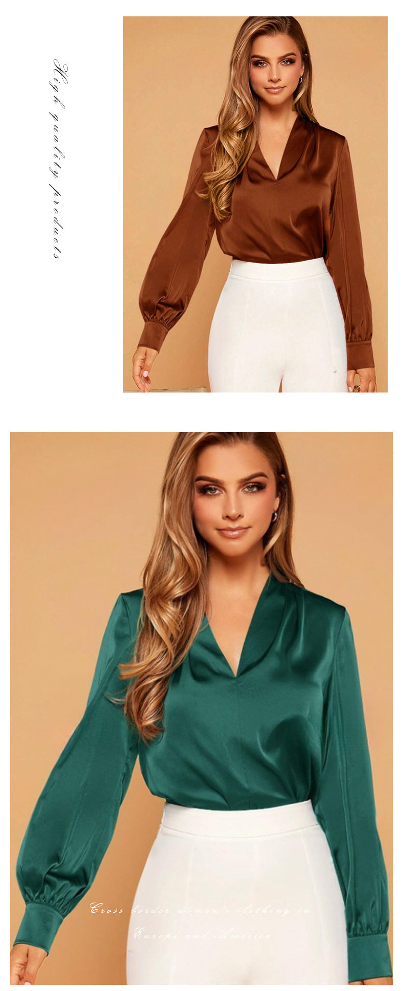 Amazon's Popular European and American V Neck Shirt Tops Spring and Summer Wish Aliexpress Ebay Long-Sleeved Satin Shirt
