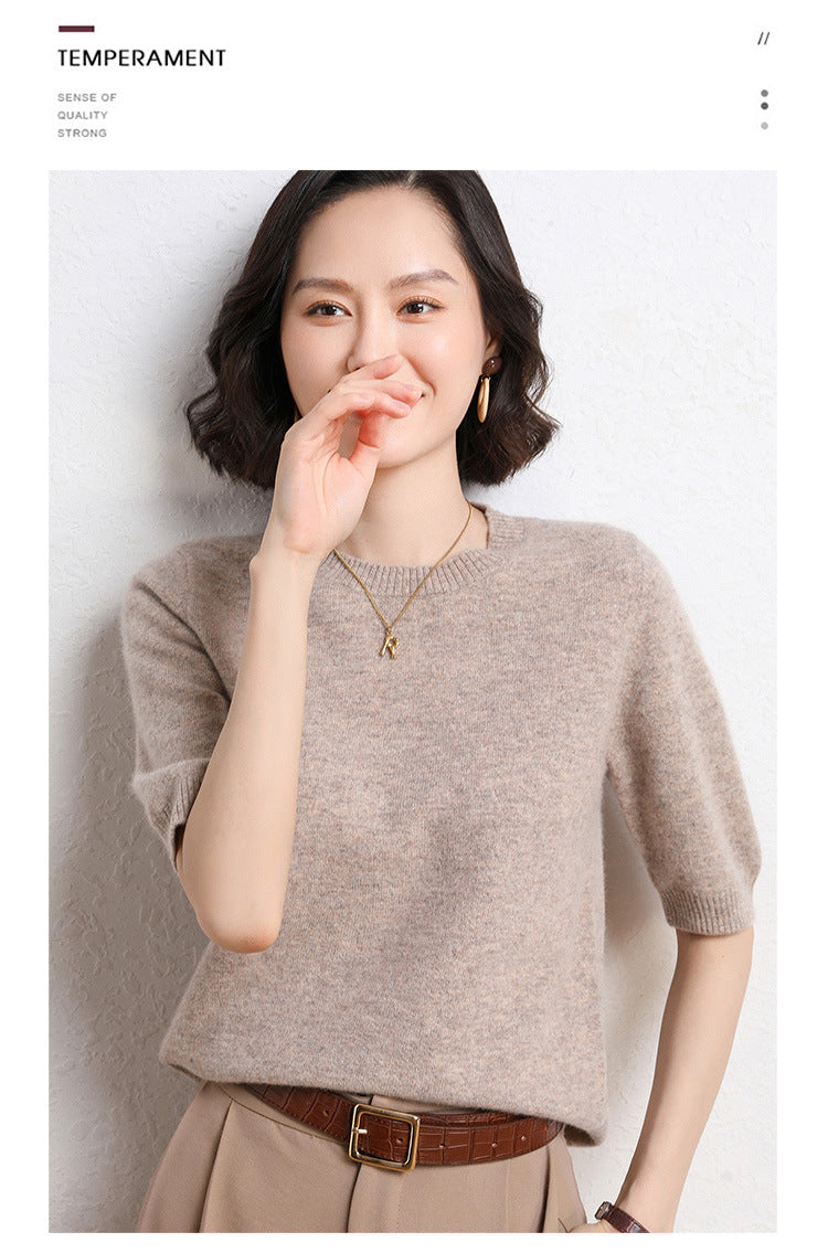 2025 Spring and Summer New Style Knitted Short-Sleeved Women's Round Neck Bottoming Knitted Pullover Half-Sleeved Sweater Loose Bottoming Sweater