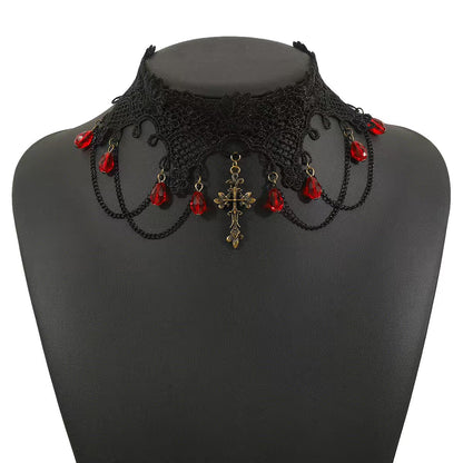 European and American Cross-Border Jewelry Gothic Style Halloween Cross Gemstone Necklace Niche Lace Tassel Necklace Accessories