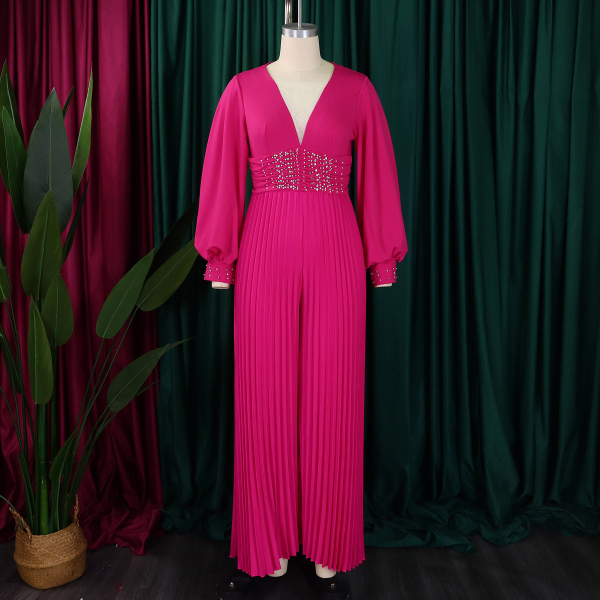 CM.YAYA Women Diamonds Long Sleeve Pleated V-neck Wide Leg Long Jumpsuits Party Beach Fashion Street Sexy Africa Outfit Rompers