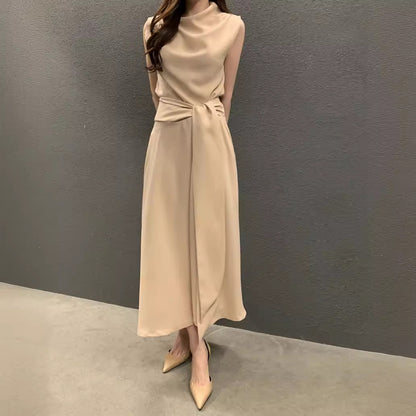 Korean Chic Summer French Elegant Pile Collar Strap Waist Slimming Look Sleeveless Vest Dress Mid-Length Skirt for Women