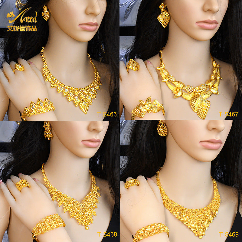 Cross-border hot selling four-piece Indian Dubai gold jewelry necklace bracelet ring earrings bridal wedding big jewelry