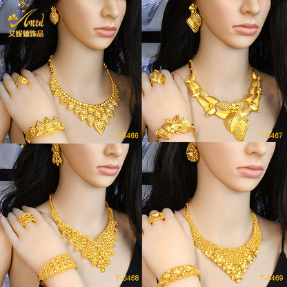 Cross-border hot selling four-piece Indian Dubai gold jewelry necklace bracelet ring earrings bridal wedding big jewelry