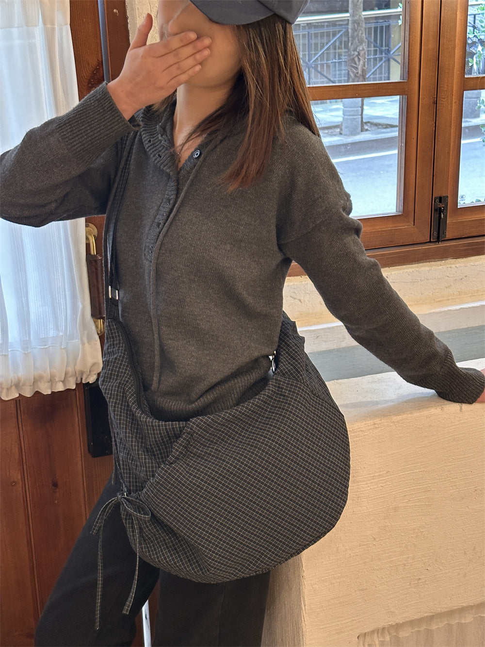 Retro Plaid Hobos Messenger Bags for Women Drawstring Pocket Nylon Dumpling Bag Large Capacity Portable Travel Shoulder Bags