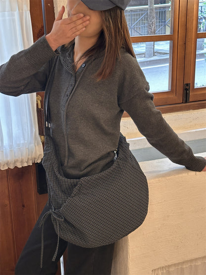 Retro Plaid Hobos Messenger Bags for Women Drawstring Pocket Nylon Dumpling Bag Large Capacity Portable Travel Shoulder Bags