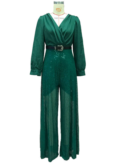 2025 Dress Women's Spring & Fall High-End V Neck Long-Sleeved Shirt Elegant Waist Sequin French Wide-Leg Pants