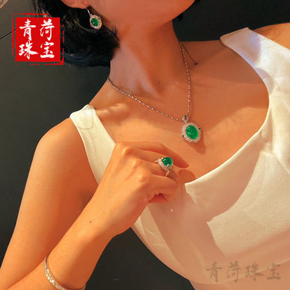 New Chinese Style Chrysoprase Pendant Ring Earrings Jade Pendant Jewelry Three-Piece Set Simple Retro Agate Inlay