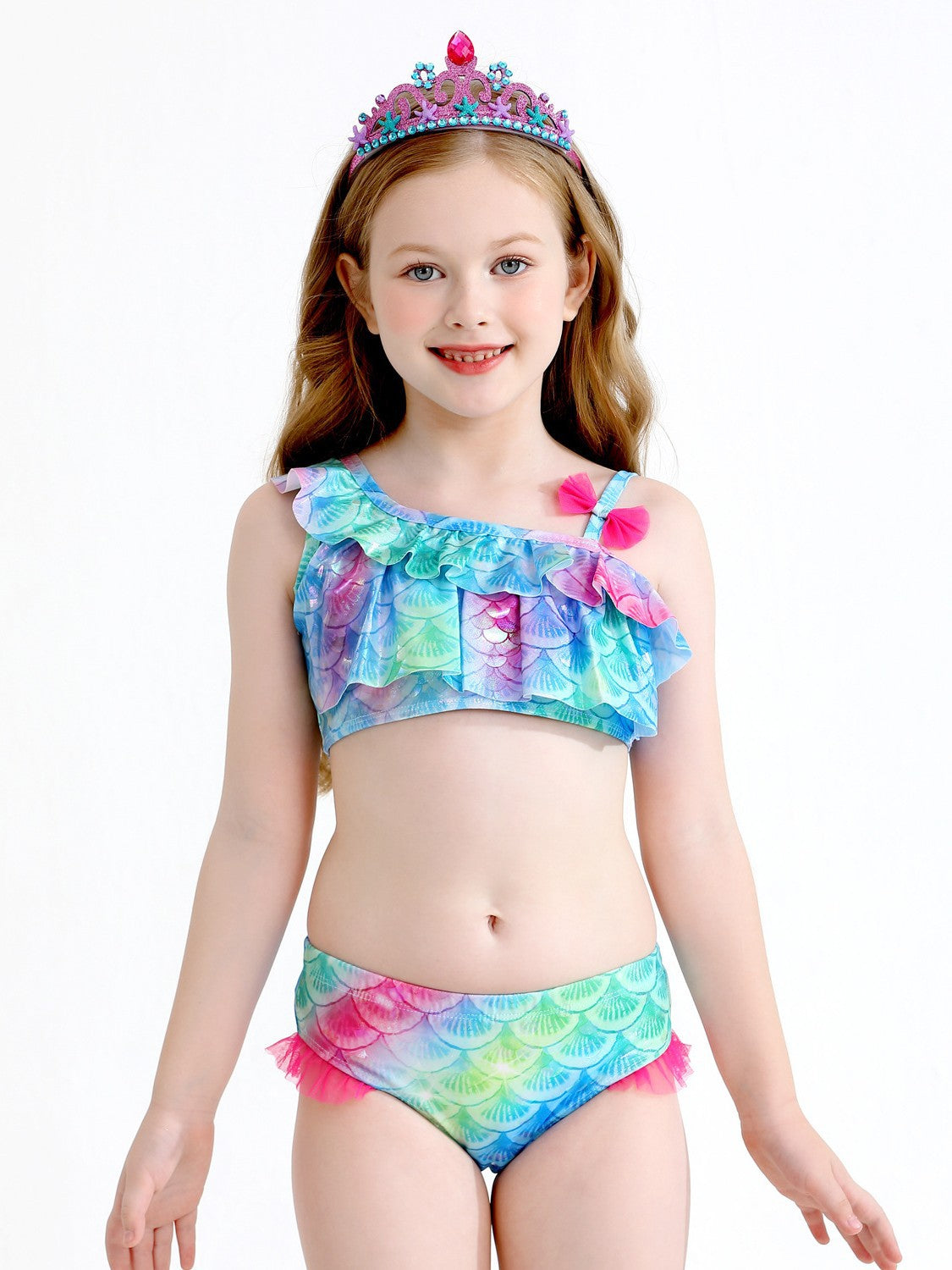 Girls' Mermaid Swimsuit Three-Piece Set Mermaid Tail Cross-Border Popular Bikini Swimsuit Beach Swimwear Shiny