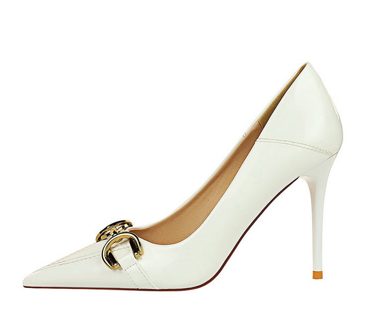 Luxury Women Pumps Metal Belt Buckle High Heels Patent Leather Women Heels Stilettos Career OL Office Shoes Plus Size 41 42 43