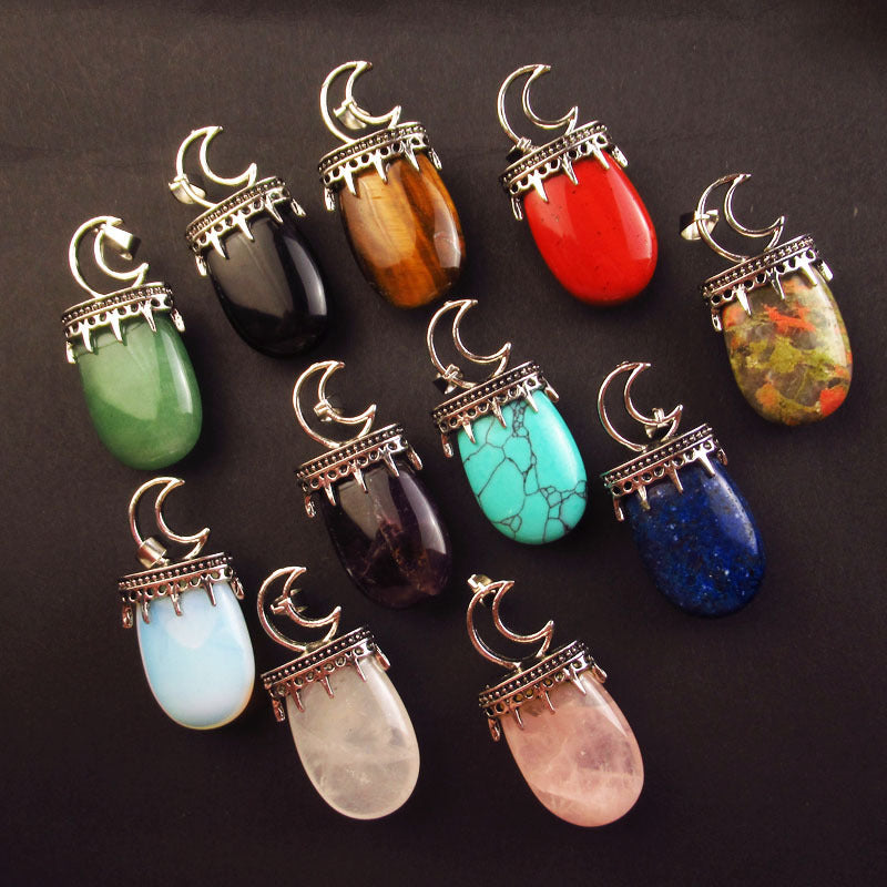 Natural Crystal Agate Stone Inlaid Alloy Sun Moon Star Gemstone Pendant DIY Necklace Jewelry Pendant Wholesale
