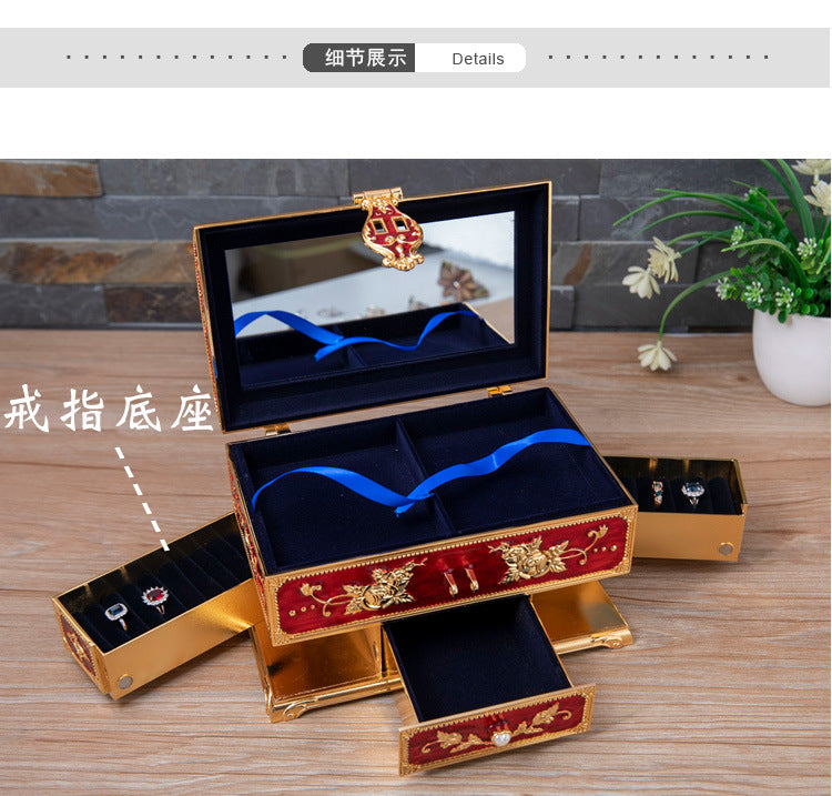 Metal Creative Wedding Engagement Jewelry Box Multi-Layer Large-Capacity Jewelry Storage Box Handle with Mirror Feel