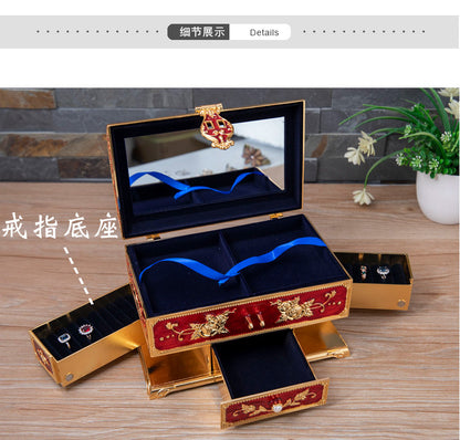Metal Creative Wedding Engagement Jewelry Box Multi-Layer Large-Capacity Jewelry Storage Box Handle with Mirror Feel
