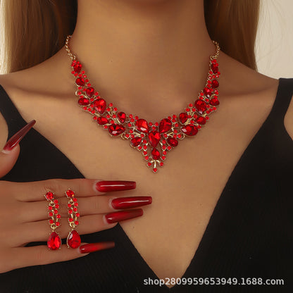 Cross-Border Amazon Jewelry Set Bridal Crystal Accessories Necklace Earrings Two-Piece Set Wedding Dress Women's