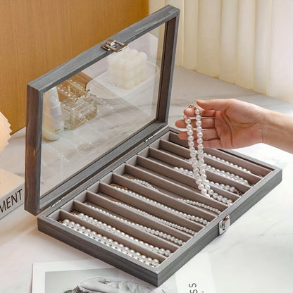 New Glacier Grey Pearl Necklace Storage Box with Lid Glass Dust-proof Long Bracelet Beads Thick Necklace Jewelry Box