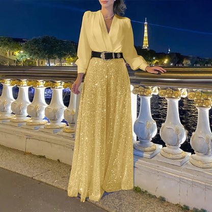 2025 Dress Women's Spring & Fall High-End V Neck Long-Sleeved Shirt Elegant Waist Sequin French Wide-Leg Pants